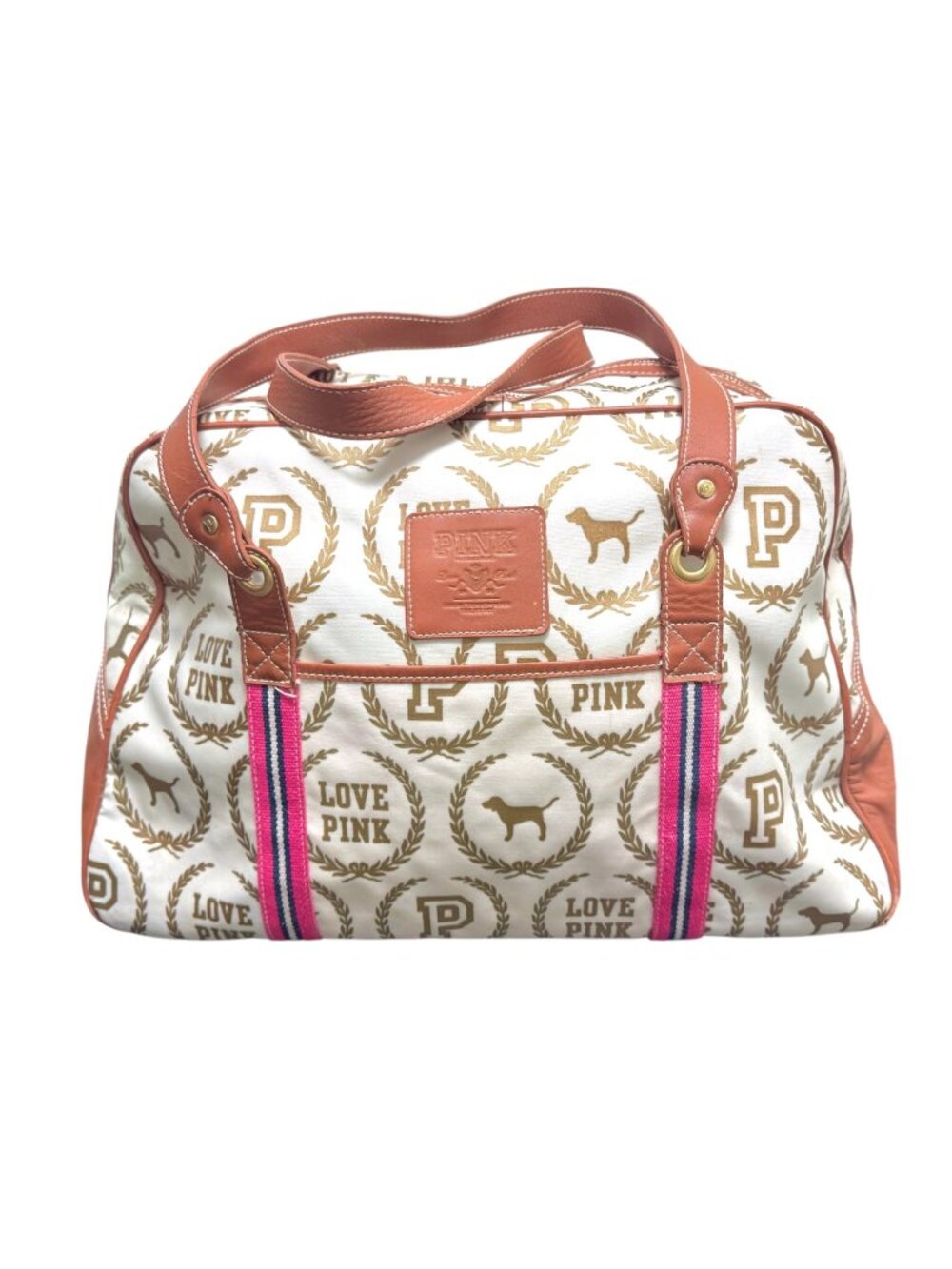 Rare Victoria's Secret PINK Logo Weekender Bag Striped Handles Faux Leather Trim